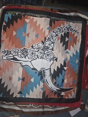 Aztec Print Bandana Scarf with Floral Longhorn Motif - Blue, Rust, Black